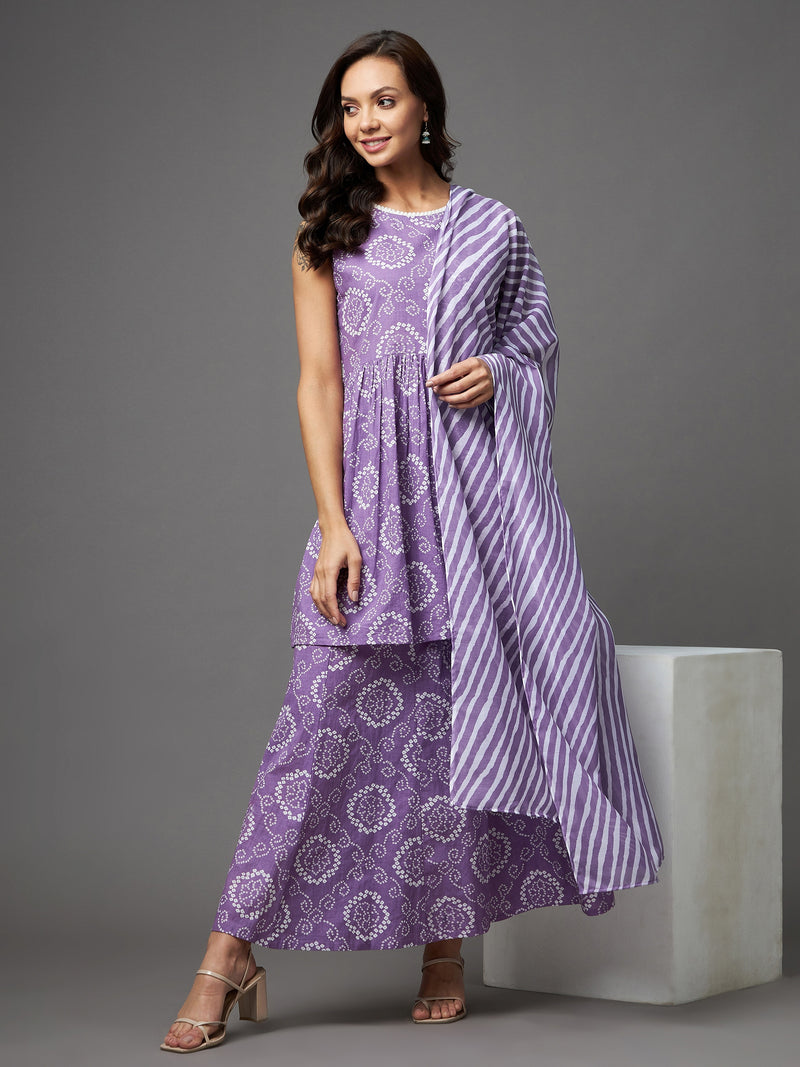 Cotton Purple Kurta With Palazzo & Dupatta