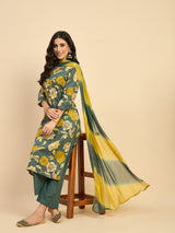 Floral Printed Kurta With Palazzo & Dupatta Set