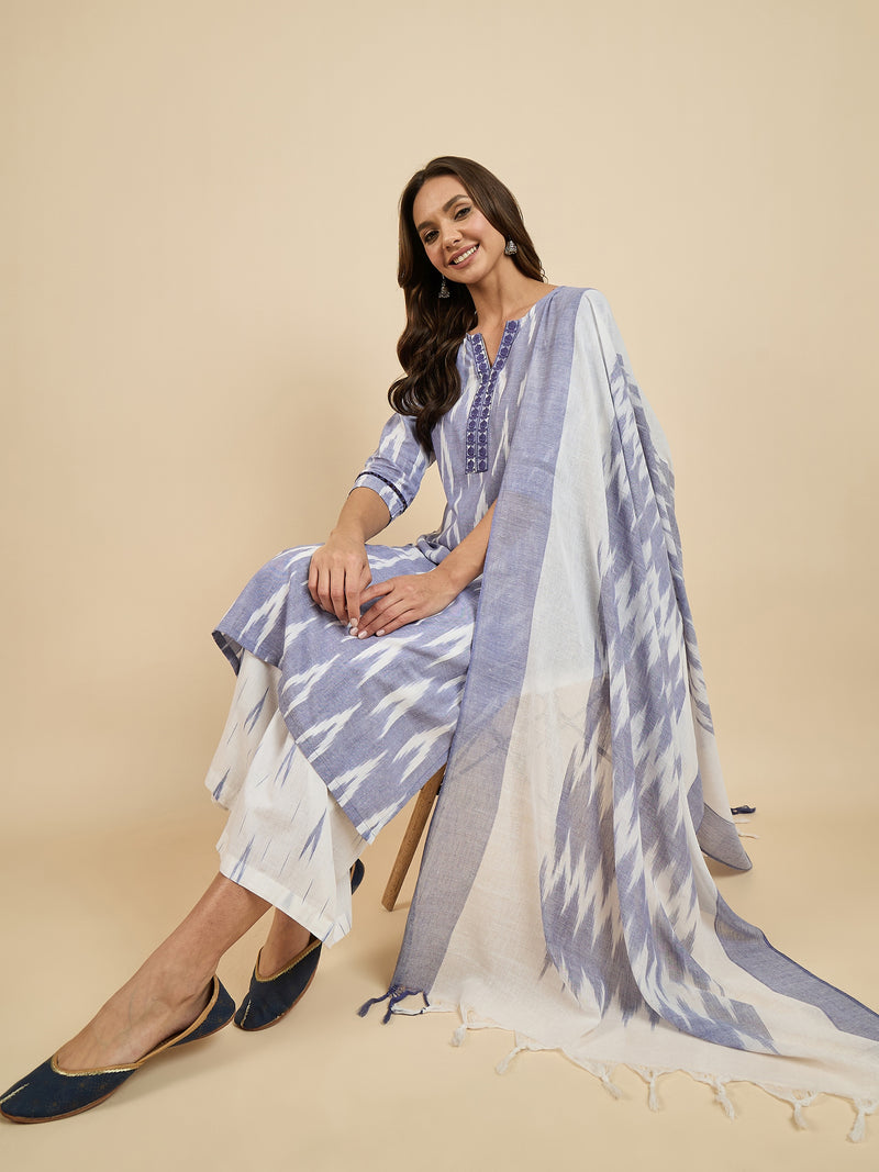 Ikat Printed Kurta With Palazzo & Dupatta