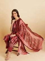 Maroon Cotton A-Line Calf Length Kurta With Palazzo & Dupatta Set