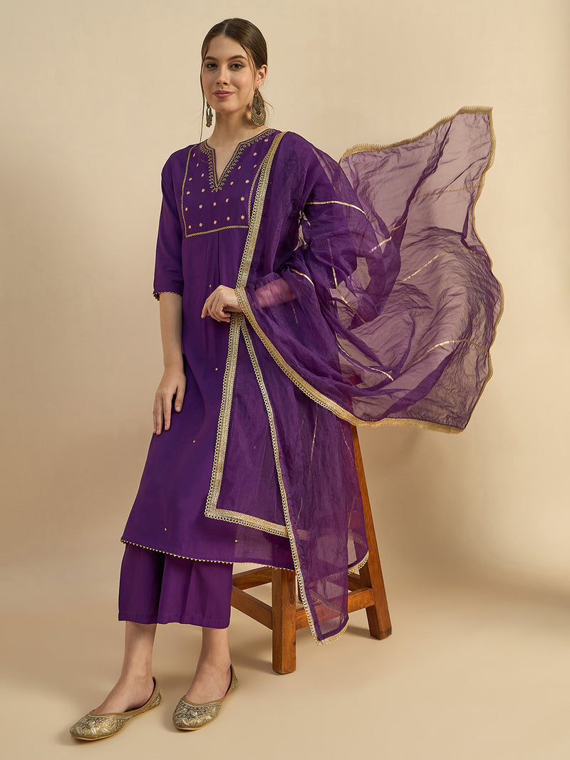 Embroidered Flared Kurta With Palazzo & Dupatta Set