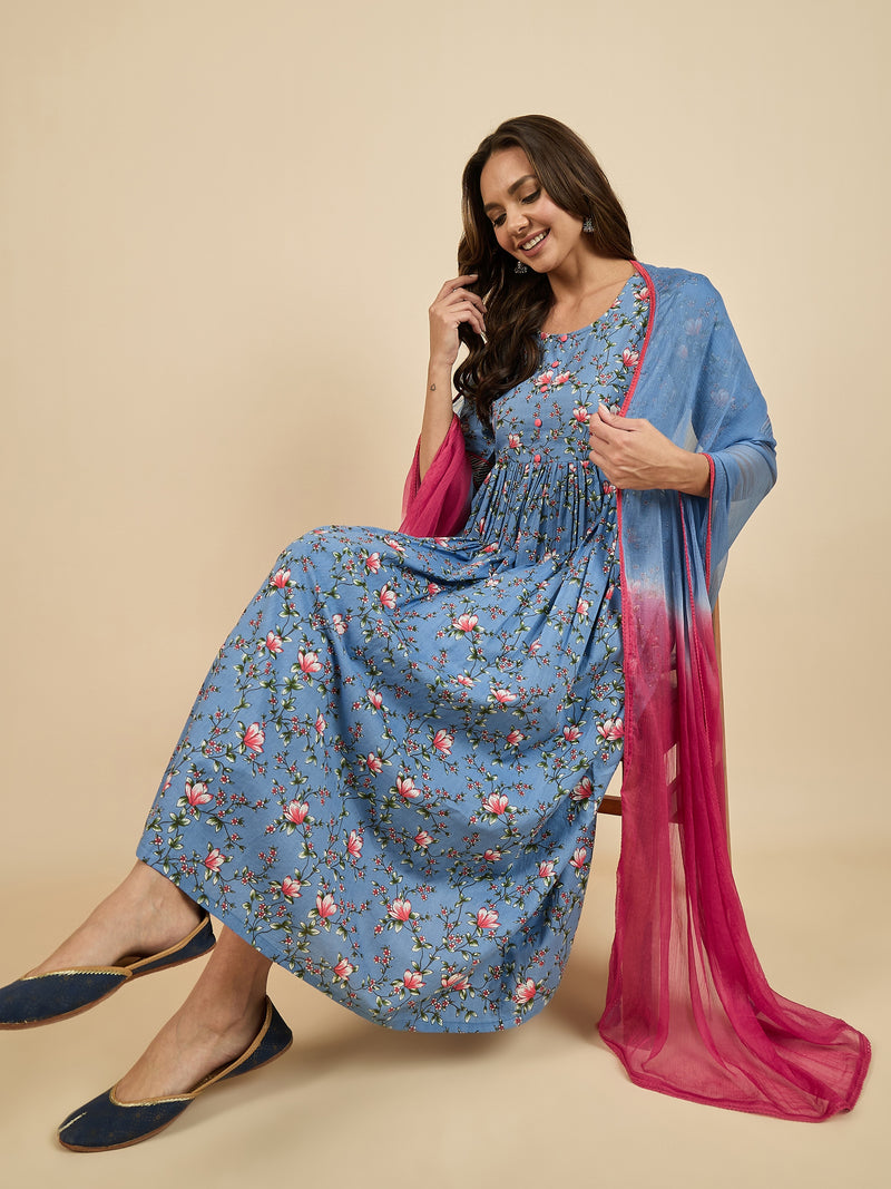 Floral Printed Kurta With Palazzo & Dupatta Set