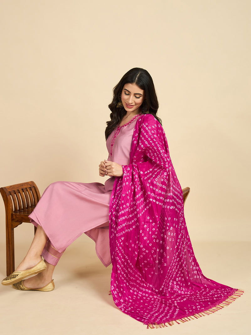 Embroidered Kurta With Palazzo & Dupatta Set