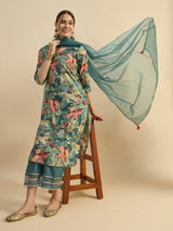 Floral Printed Kurta With Palazzo & Dupatta Set