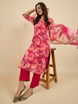 Floral Printed Kurta With Palazzo & Dupatta Set