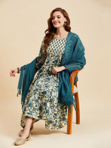 Floral Printed Kurta With Palazzo & Dupatta Set