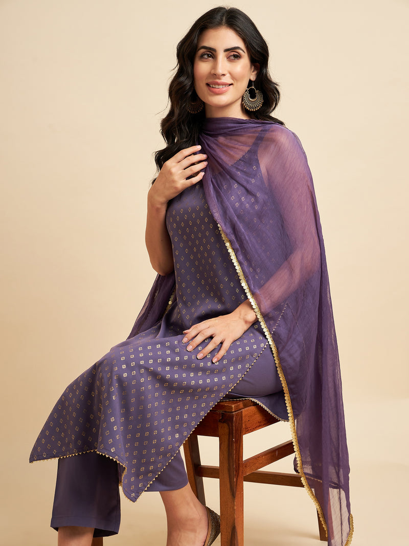 Purple Gold Cut Sleeve Straight Kurta Set With Dupatta