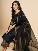 Black Raw Silk Straight Calf Length Kurta With Palazzo Dupatta Set