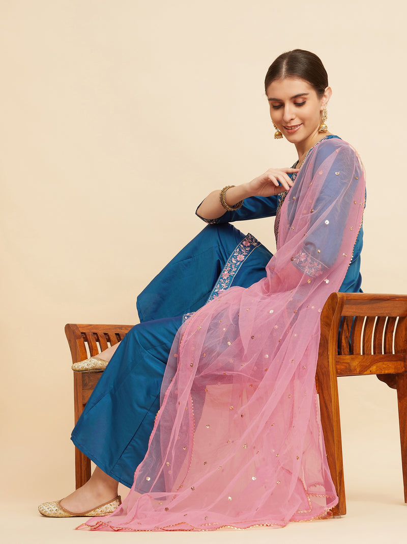 Blue embroidered Straight Calf Length Kurta With Palazzo & Dupatta Set