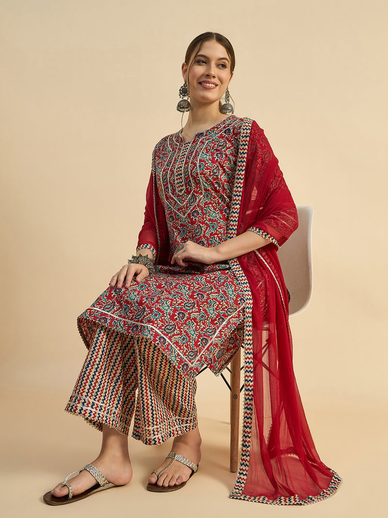 Printed Straight Kurta With Palazzo & Dupatta Set