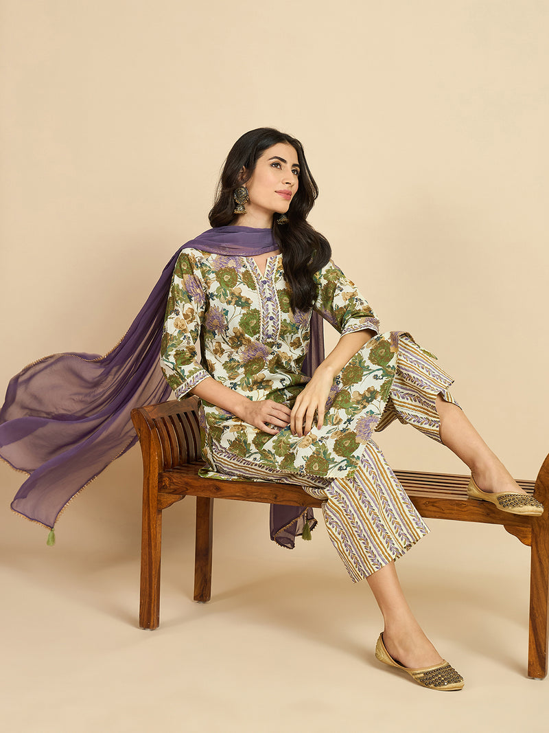 Floral Printed Kurta With Palazzo & Dupatta Set