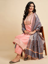 Peach Raw Silk Straight Calf Length Kurta With Palazzo Dupatta Set