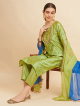 Green Tafeta Straight Calf Length Kurta With Palazzo & Dupatta Set