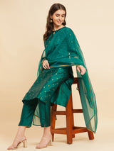 Green Straight Calf Length Kurta With Palazzo & Dupatta Set