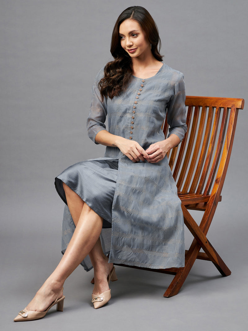 Grey and Golden Checks Printed A-Line Dress