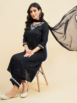 Black Rayon Straight Calf Length Kurta With Palazzo Dupatta Set