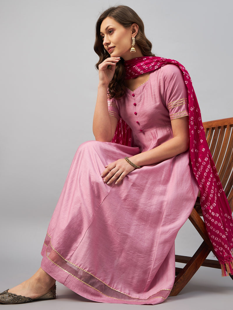 Pink Kurta With Palazzo & Dupatta Set