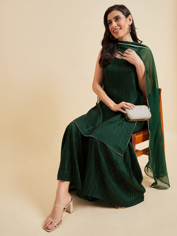 Solid Green Straight Knee Length Kurta With Sharara And Dupatta Set