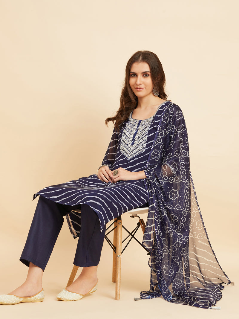 Blue Georgette Leheriya Kurta With Palazzo & Dupatta Set