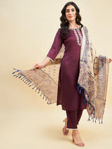 Purple Rayon Straight Calf Length Kurta With Palazzo Dupatta Set