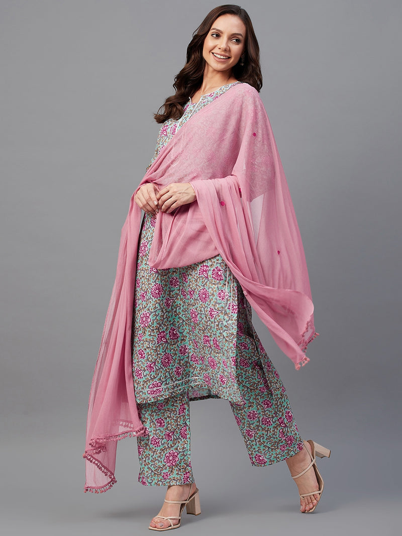 Straight Calf Length Kurta With Palazzo & Dupatta