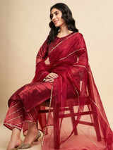 Maroon Raw Silk Straight Calf Length Kurta With Palazzo Dupatta Set