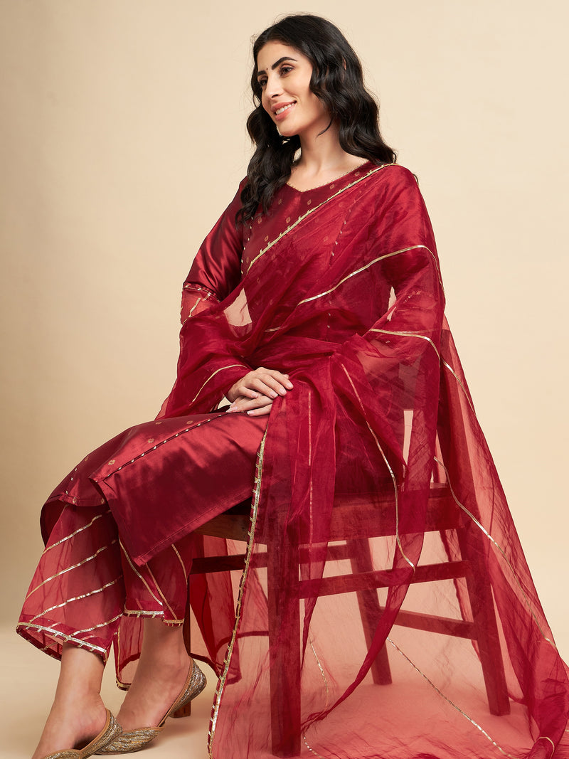 Maroon Raw Silk Straight Calf Length Kurta With Palazzo Dupatta Set