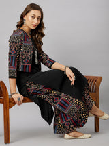 Printed Black Kurta With Palazzo & Jacket Set