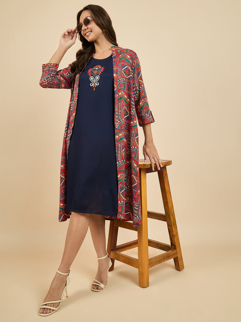 Solid A line Dress With Printed Shrug