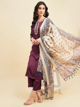 Purple Rayon Straight Calf Length Kurta With Palazzo Dupatta Set