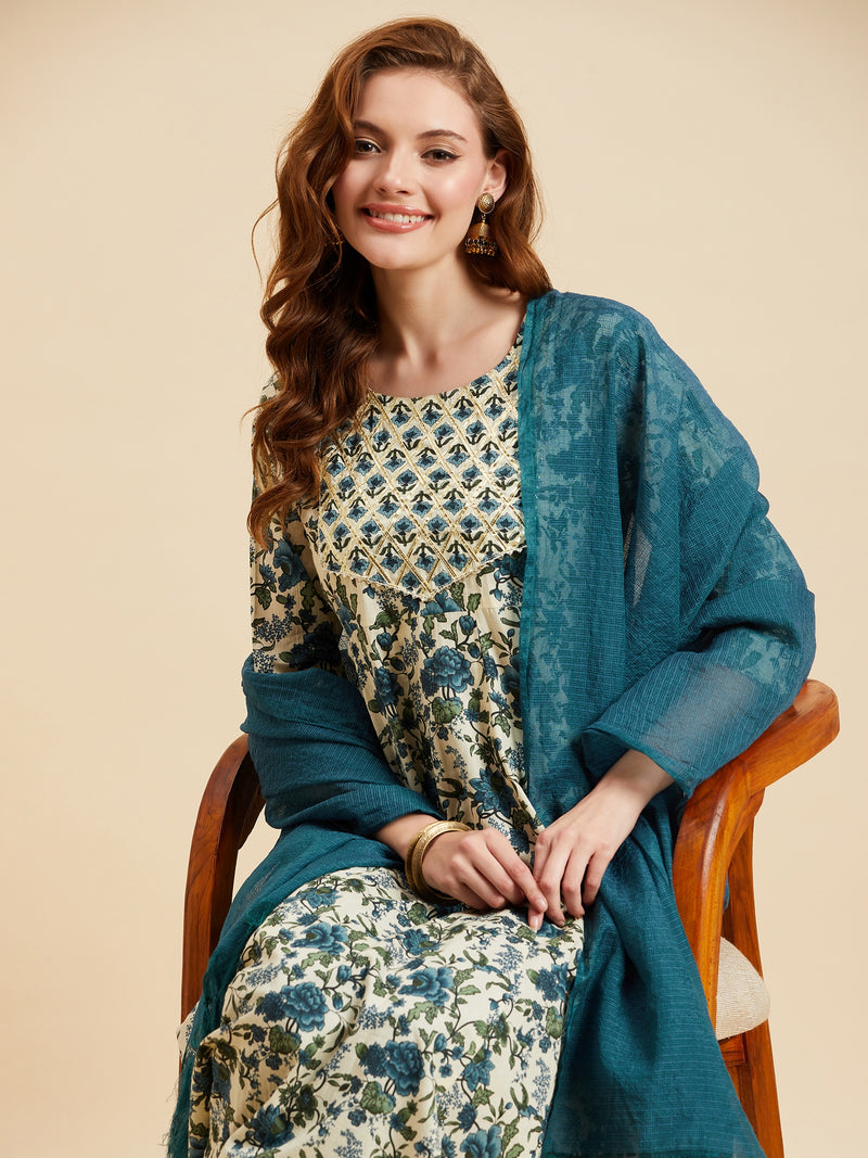 Floral Printed Kurta With Palazzo & Dupatta Set