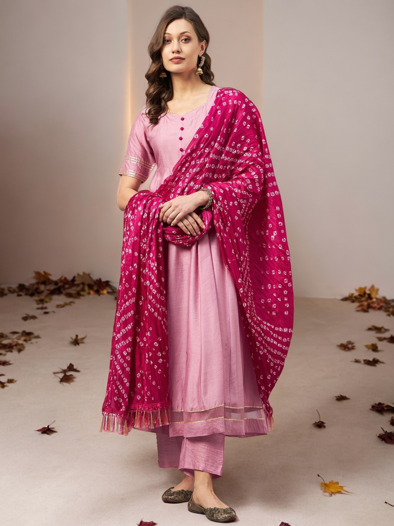 Pink Kurta With Palazzo & Dupatta Set