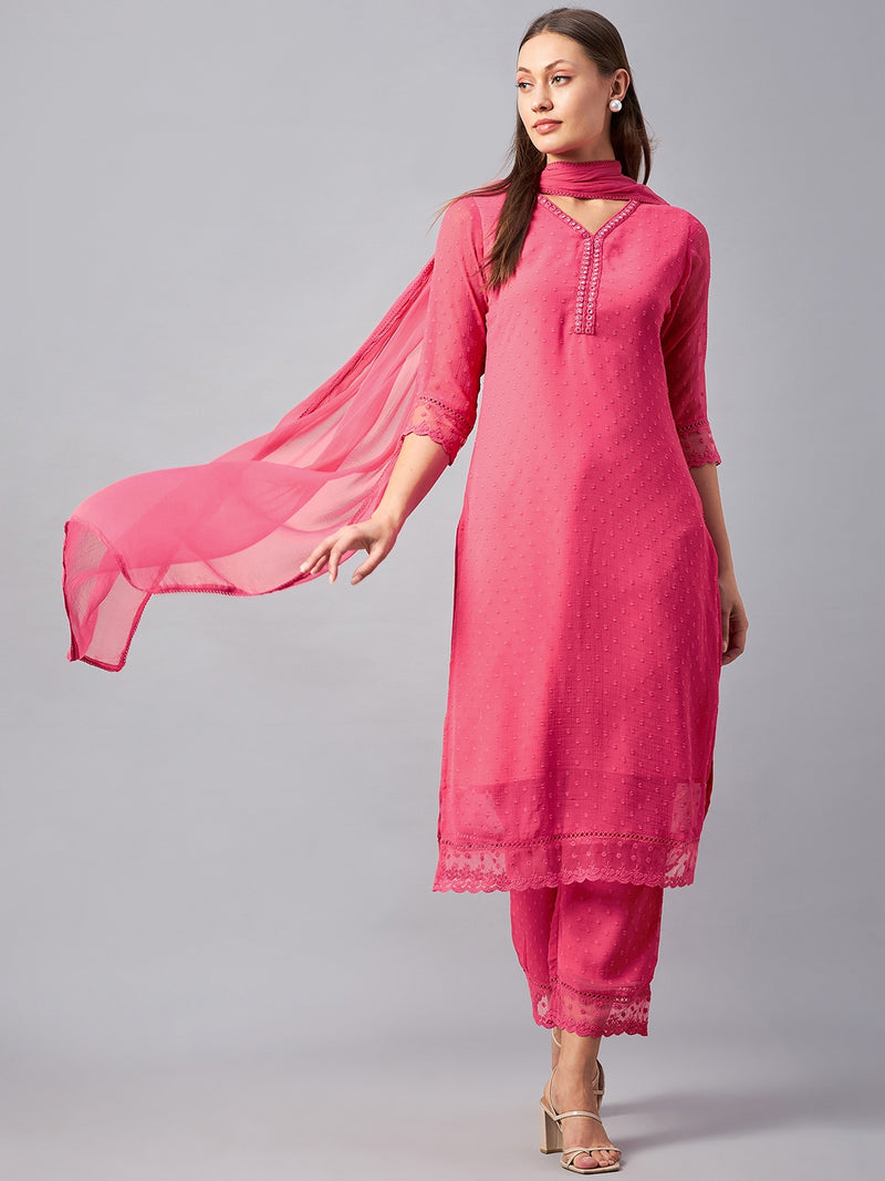 Pink Georgette Kurta With Palazzo & Dupatta Set