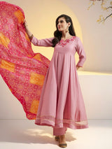 Embroidered Pink Kurta With Palazzo & Dupatta Set