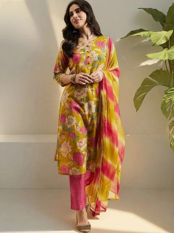 Floral Printed Kurta With Palazzo & Dupatta Set