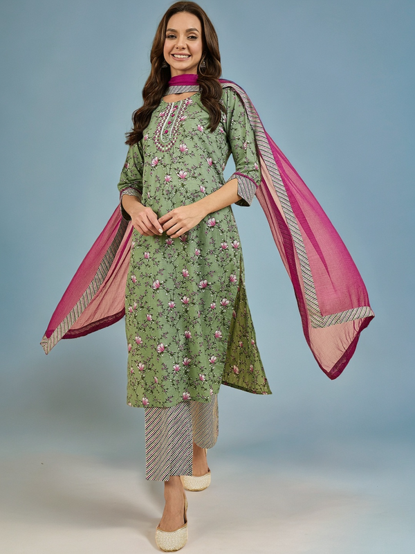 Floral Printed Kurta With Palazzo & Dupatta Set