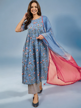 Floral Printed Kurta With Palazzo & Dupatta Set