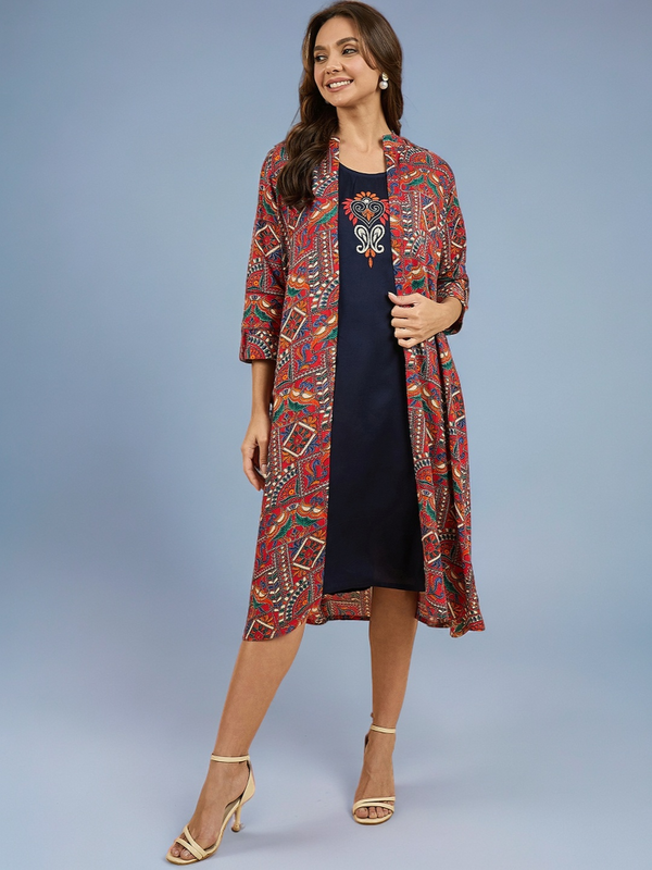 Solid A line Dress With Printed Shrug