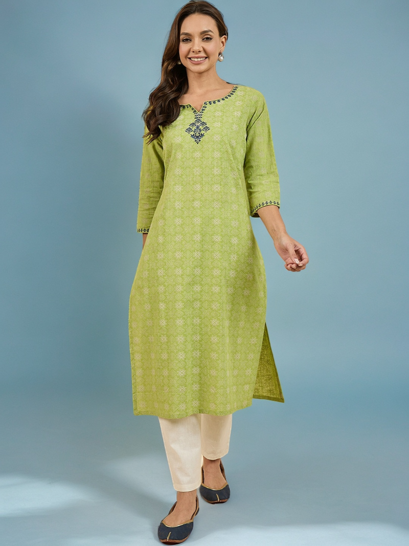 Green Cotton Straight Kurta