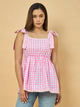 Azira Pink Gingham Checkered Flared Top | Tie-Up Shoulder Straps