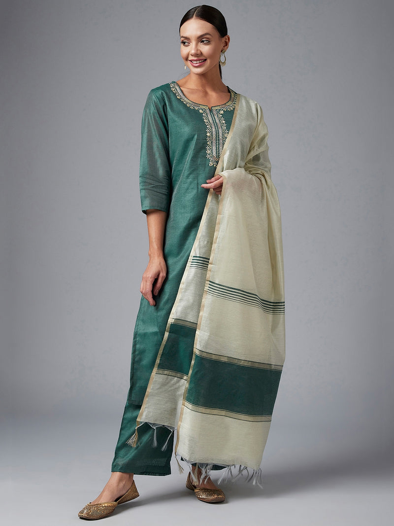 Green Embroidered Kurta With Dupatta & Palazzo