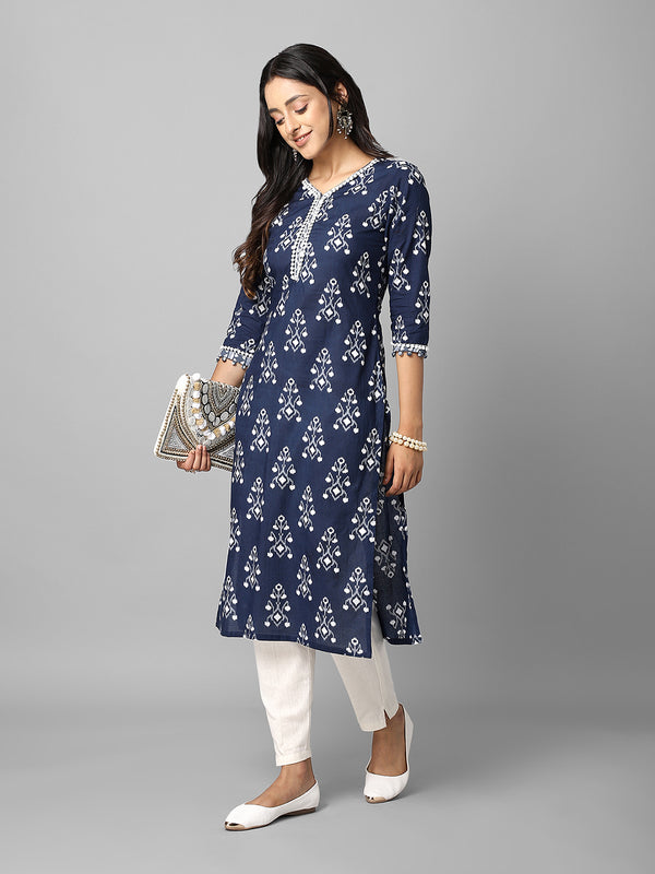 Blue Cotton Printed Kurta