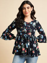 Floral Printed Navy Blue Rayon Top