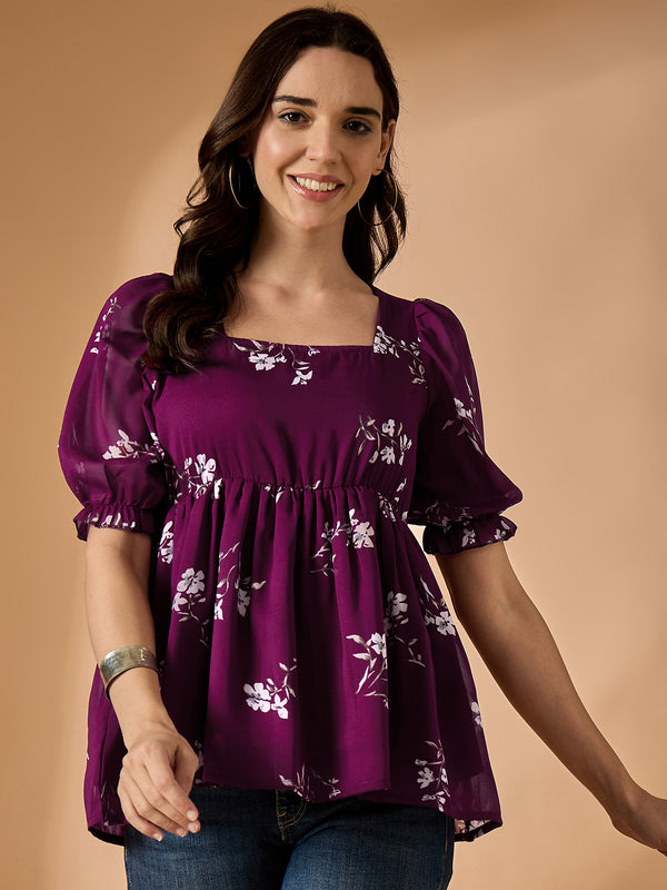 Maroon Floral Printed Empire Top