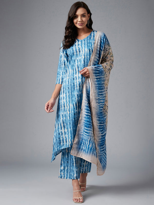 Tie & Dye Blue Kurta With Palazzo & Dupatta Set