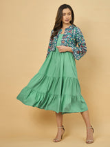Azira Soild Rayon Midi Dress With Printed Jacket