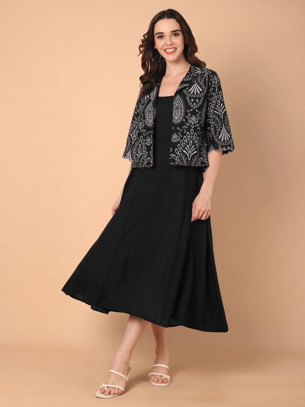 Gathered Dress With Printed Jacket