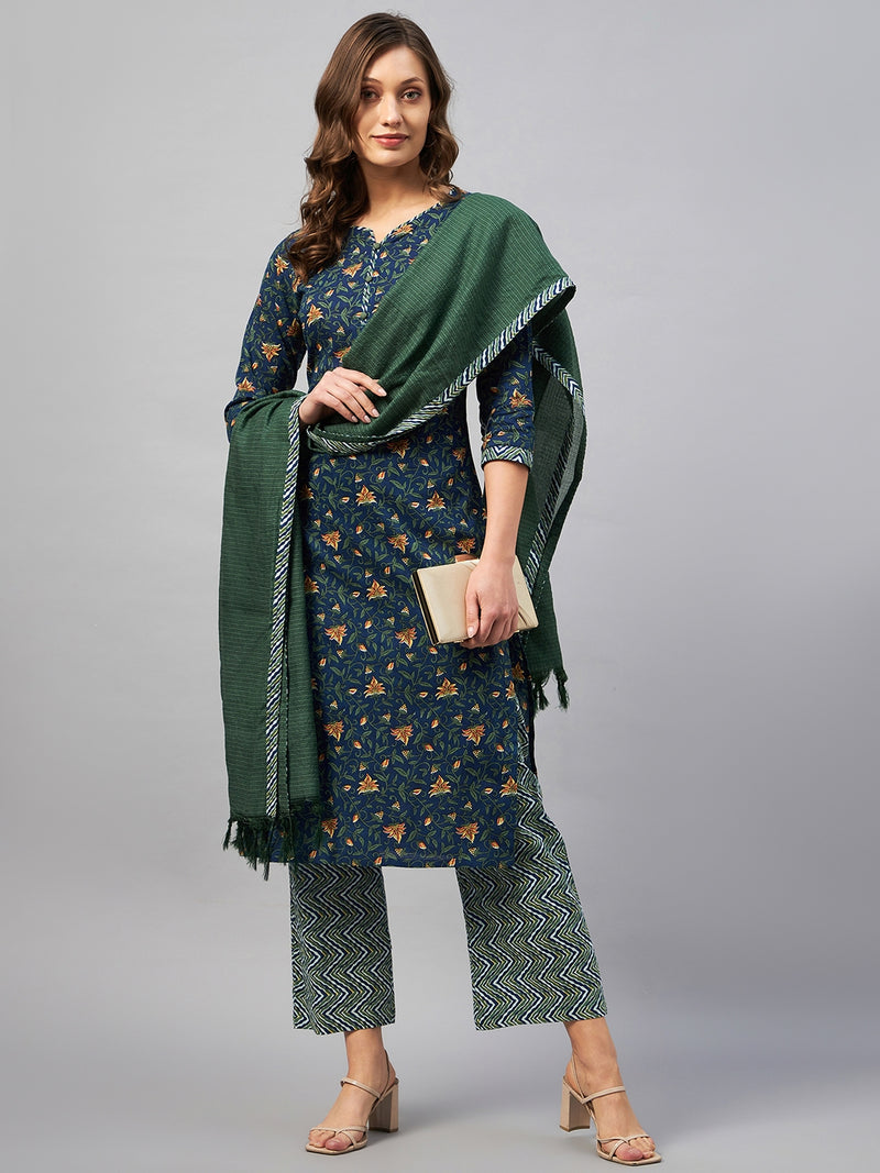 Floral Printed Kurta With Palazzo & Dupatta Set