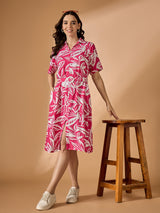 Pink Shirt Collard Printed Dress