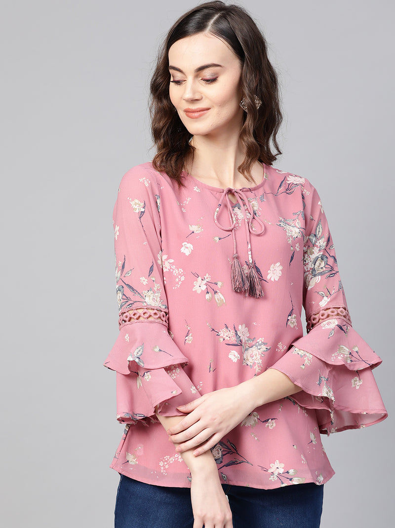 Pink and Grey Floral Printed Gathered Top Having Round Neck with Ruffle Sleeves